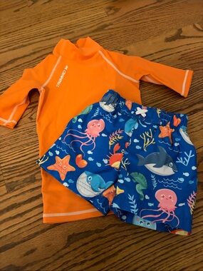 Swiggles Orange Rash Guard with Blue Ocean Creature Swim Shorts